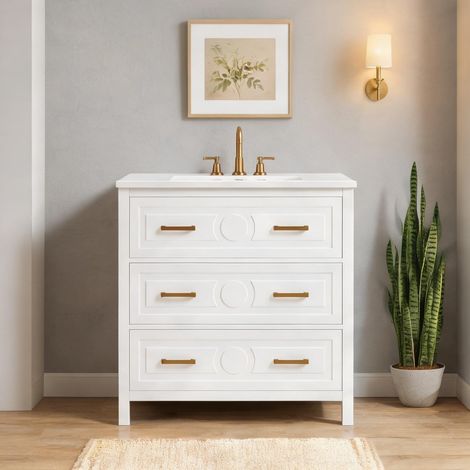 Meuble vasque blanc laqué 3 tiroirs silencieux avec vasque (1/5)