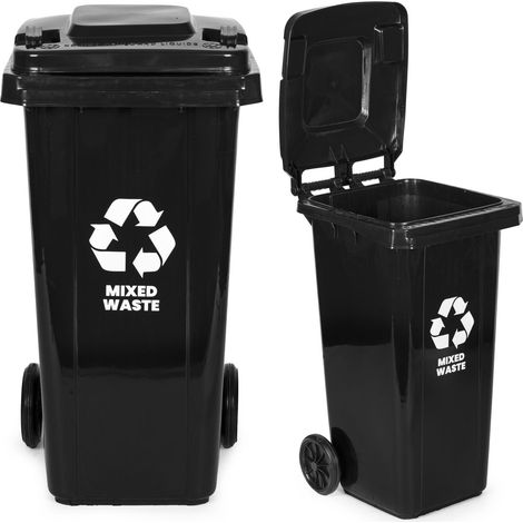 Poubelle noire de 120 l pour dechets mixtes avec roues en caoutchouc