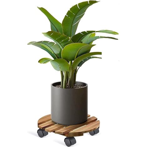 Porte Plante a Roulettes Supports de Pots de Fleurs à Roulettes Roues Silencieuses 360° avec Frein Socle de Rempotage à roulettes Fleurs Bois Massif (1/5)