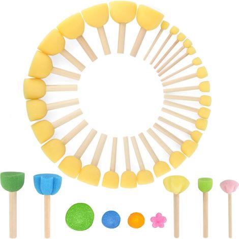 30 Pièces Pinceaux éponges Enfants Set avec 5 de Fleurs Champignon Bâtons, Manche Bois Pinceau Mousse Peinture, Pinceaux éPonge Ronds pour Enfants de Bricolage Peinture, Graffiti, Céramique Crafts (1/5)
