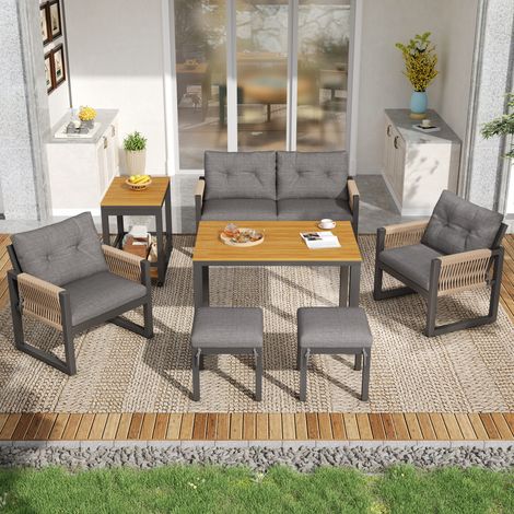 Ensemble de salon de jardin - Table modulable + Canapé + Fauteuil - Structure en fer - Accoudoirs tressés - Coussins moelleux - Gris et naturel