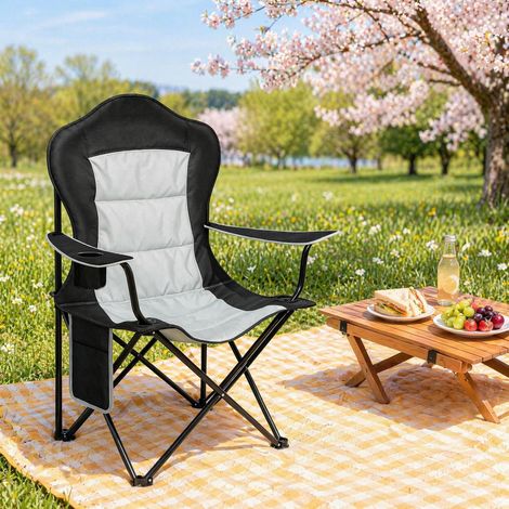 Silla plegable de camping con portavasos y bolsillo lateral, negra y gris DESVIAE (1/5)