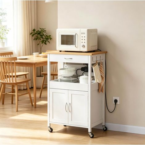 Isla de cocina móvil 60 x 45 x 92 cm con 2 enchufes, cajón y armario blanco HAVRYA (1/5)