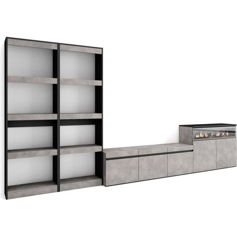 Skraut Home - Muebles de Salón para TV, Conjunto de muebles comedor, 370x186x35cm, Para TV hasta 65", Chimenea eléctrica, Estilo Moderno, Gris Cemento (1/5)