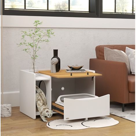 CHICFURN armario para arenero de gato 78x50x51 cm en paneles de madera blanco roble (1/5)
