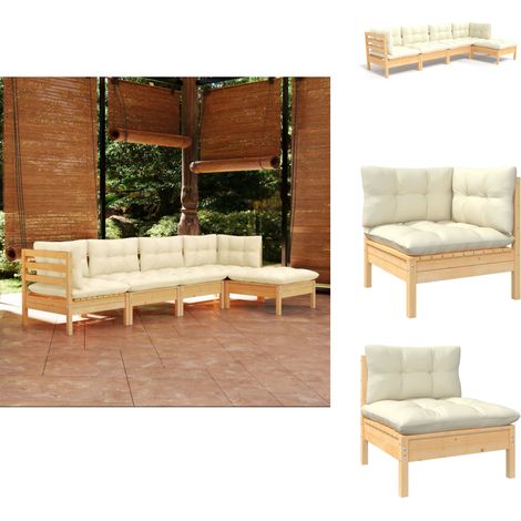 5-tlg. Garten-Lounge-Set mit Creme Kissen Kiefernholz - Gartensessel - Lounge Set - Gartenmöbel - Outdoor Möbel - Rattan Sessel (1/5)