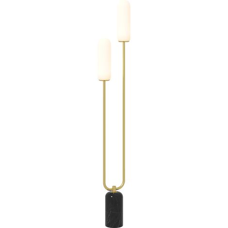 Lampadaire de salon sur pied, lampe avec deux abat-jours en verre, base marbre et interrupteur au pied, blanc (1/5)