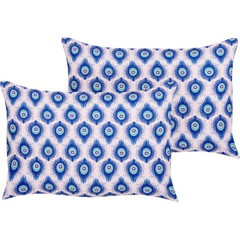 Conjunto de 2 cojines de jardín almohada de exterior 40 x 60 cm poliéster motivo pavo real azul y rosa Ceriana (1/5)