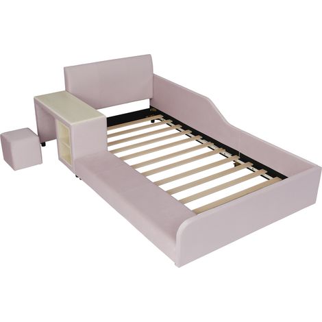 Cama infantil tapizada rosa 90x200 cm con escritorio, taburete y estantería MODENUIT (1/5)