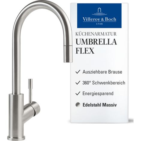 Villeroy & Boch Spültischarmatur Umbrella Flex , ausziehbare Handbrause, 360° Schwenkbereich, Edelstahl massiv