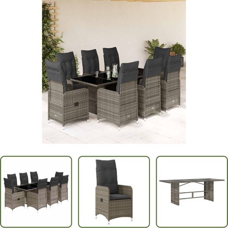 vidaXL Gartenstuhl - 9-tlg. Garten-Bistro-Set mit Kissen Grau Poly Rattan (1/5)