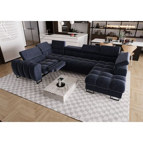 Wohnlandschaft Schlafsofa BASTIEN RELAX in Stoff Terra Blau Ottomane Rechts