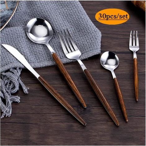 30-teiliges Besteckset – ANNEFLY – Edelstahl – Holzgriffe – Rostbeständig – Für 6 Personen (1/5)