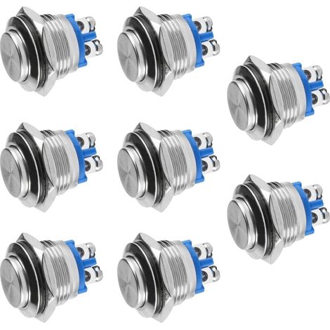 8 Pcs 16Mm Bouton Poussoir Momentané Interrupteur 12V Acier Inox Bornes à Vis 2A 12/24/125/250V Ca, Verrouillage Tête Plate (1/5)