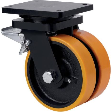 rueda giratora placa freno 10hlgfd150-hub hierro-poliur.naranja(doble) bolas (1/2)