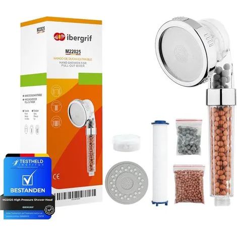Pommeau de douche haute pression avec filtre ionique, anticalcaire, 3 jets, économique en eau, portable et poignée amovible pour salle de bain - M22025 (1/3)