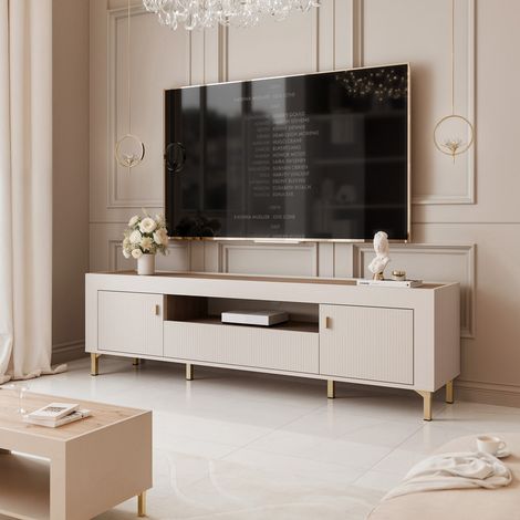 Meuble TV AVENA - avec 2 portes et tiroir - façades rainurées - 177x40x52 cm - Cachemire/chêne (1/5)