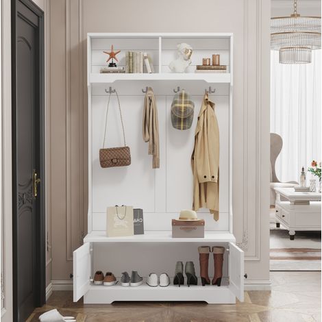 Mobile da ingresso bianco 101,5 x 183 cm con panca, 4 ganci e 2 vani HAVRYA (1/5)