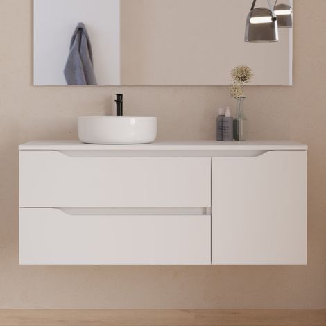 Meuble de salle de bain 120cm avec plateau et vasque à poser déportée à gauche Ares - sans miroir - 2 tiroirs et un placard - blanc - ZARZA