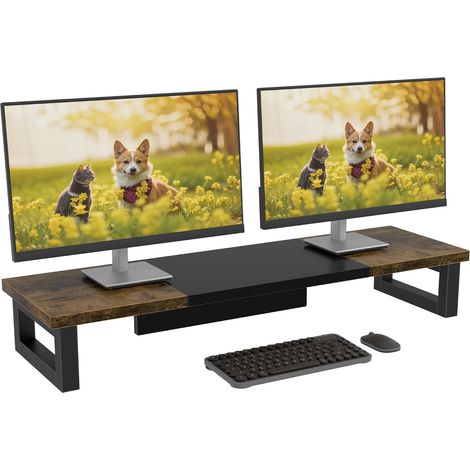 Rehausseur Ecran PC Bureau, 91x26cm, Monitor Stand, Noir et Bois (1/5)