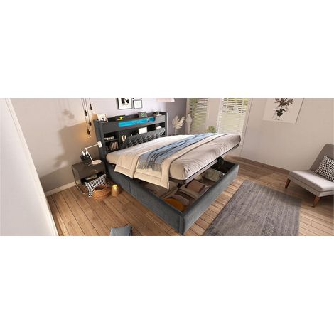 Lit Double 180 x 200 cm coffre de rangement hydraulique éclairage LED ports de charge USB-C Tête de Lit étagère et rangement