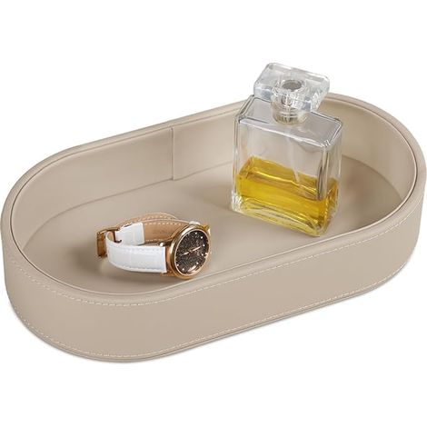 Ovaler Schreibtisch-Organizer, Parfümschale aus PU-Leder für Schlüssel, Geldbörsen, Uhren, dekoratives Tablett für Schmuck/Schminktisch, Aufbewahrungsbox für den Eingangsbereich und Nachttisch für Dam