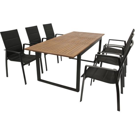 RIVELLO: Garnitur 7-teilig (6x Stapelsessel Aluminium + Kunstgewebe schwarz, 1x Ausziehtisch 150/200x90cm, Stahl anthrazit + Akazie geölt, FSC-zertifiziert