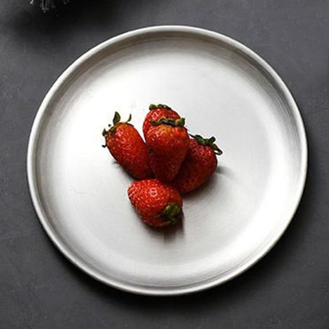 Plat à pizza rond en acier inoxydable, diamètre 30 cm, assiettes plates rondes en métal brossé pour gâteaux, desserts, fruits et cuisine occidentale (1/5)