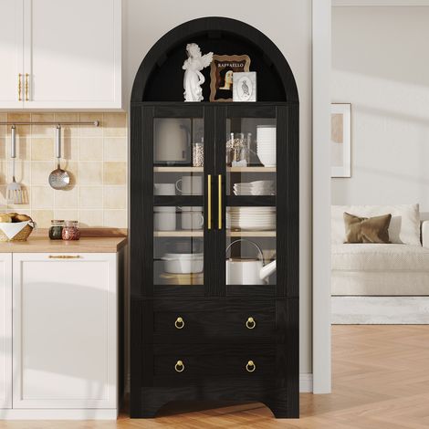 Table haute avec étagères et tiroirs réglables, armoire de cuisine avec verre transparent et grand espace de rangement, idéal pour salle à manger, salon et cuisine (noir) (1/5)