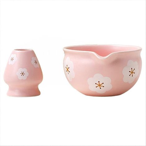 Ensemble de 2 bols à matcha japonais traditionnels et porte-fouet, idéal pour la cérémonie du thé ou un cadeau original (motif flocon de neige blanc). (1/5)