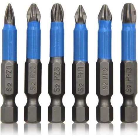 Jeu de 6 embouts de tournevis en acier allié robuste, magnétique et antidérapant : PH1, PH2, PH3, PZ1, PZ2, PZ3 x tige hexagonale de 50 mm R (1/5)