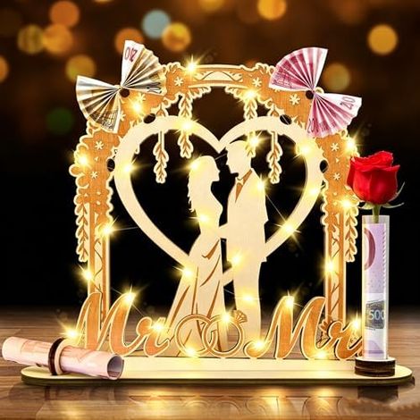 Cadeau Mariage Bois, Cadeau Argent, LED, Guirlande Fleurs, Déco, Mr Mrs, Couple, Mariés, Fiançailles, Original (1/5)