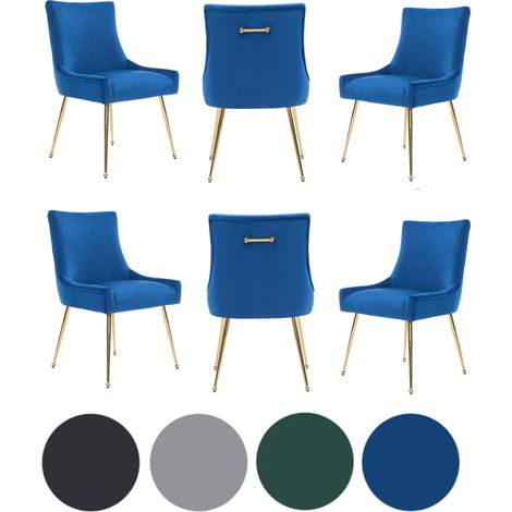 Set of 6 Blue Viviana Velvet Dining Chairs with Gold Legs and Ring Handle - Modern Upholstered Accent Chair (1/5)