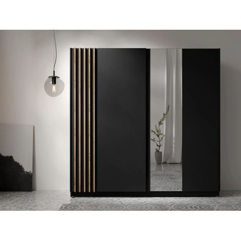 AX LIVING Kleiderschrank schwarz mit Spiegel 202 cm – Beralto Artisan Lamellen