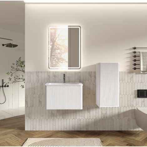 Badmöbel-Set mit LED-Spiegel, 60 cm Waschbeckenunterschrank, wandhängend, Weiß OKMYHOME (1/5)