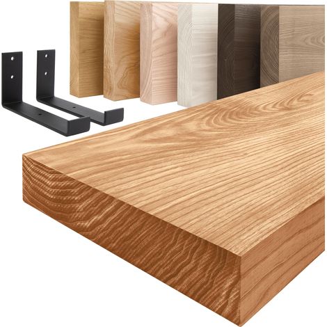 LAMO Manufaktur étagère murale en bois massif, bord régulier, étagère de rangement Industrial, bois foncé / équerre noire 140cm, LWG-01-A-004-140JS