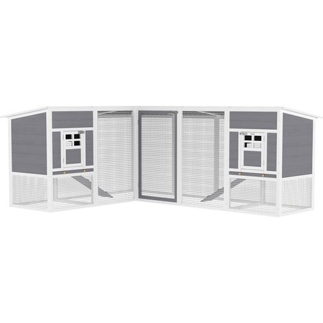 Poulailler en L en bois avec 2 maisons 2 niveaux enclos rampe 251 x 192 x 103 cm gris