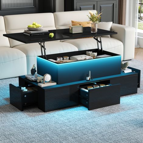 REDOM Tavolino da caffè sollevabile 100x50x40 cm, 4 cassetti, vano nascosto, LED, MDF nero