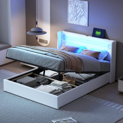 Lit rembourré 140×200cm,LED,lecteur Bluetooth,charge USB,cuir PU,boîte mezzanine,lit double avec base à lattes blanche et rangement