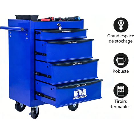 Boîte à outils métallique roulante 4 tiroirs 20 pouces armoire à outils à lames affûtées avec glissières à billes Bleu (1/5)