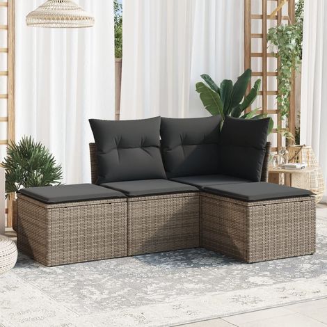 Ensemble Salon Jardin 4 Pièces Résine Tressée Gris avec Coussins Amovibles 55x55 cm (1/3)