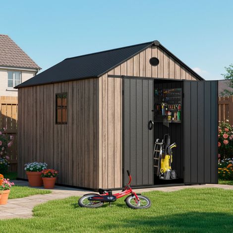 Hoggar – Harz Gartenhaus 6,41m2 Oak O60 - Boden inklusive – Seitenfenster – Premium-Holzoptik – Große Doppeltür – UV-Schutz & wasserdicht – Riegelverschluss – Belüftungsöffnungen (1/4)