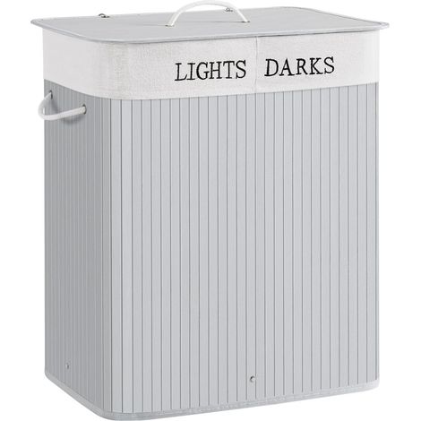 SONGMICS Cesto Portabiancheria, 100 L, Cesta per il Bucato a 2 Scomparti, in Bambù, Coperchio e Maniglie, Pieghevole, Sacchetto Estraibile e Lavabile, Lavanderia, Camera da Letto, Grigio LCB064G03 (1/5)