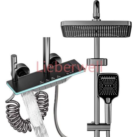 950-1350mm, YJYAJIE Bathroom Shower Faucet Set with Digital Display LED Screen, Hot and Cold Water Control for Bathtub and Shower, Brass, Gray, Height Adjustable 3 Water Pipes (1/5)