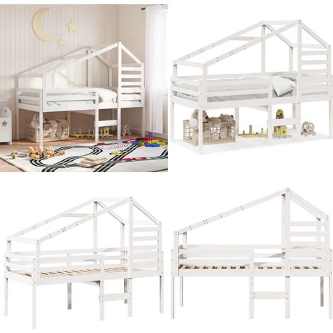 Cama alta con techo blanca madera maciza pino blanca 90x200 cm - Techo de cama - Cama con techo