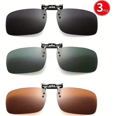 Ce lot de 3 paires de lunettes à clip unisexes présente un design sans monture et des verres polarisés. Elles peuvent être portées par-dessus des lunettes de vue et conviennent à la conduite, aux soir (1/5)