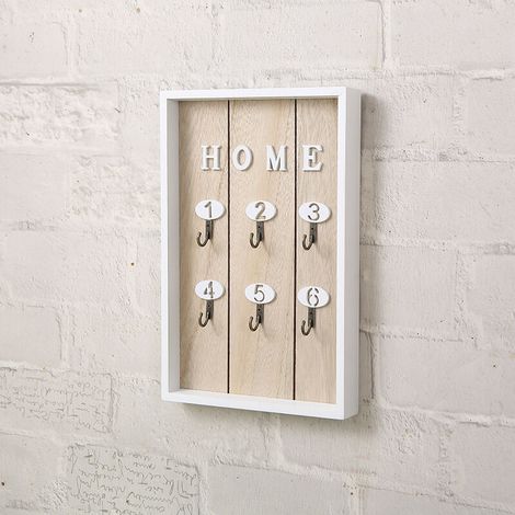 Porte-clés mural en bois avec 6 crochets, gris -
