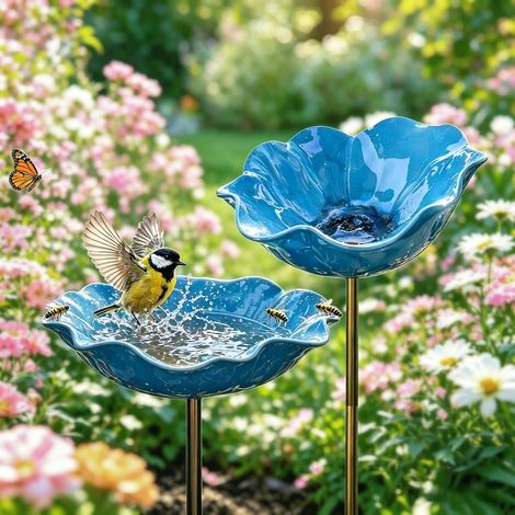 2 Stück Metall-Vogeltränken mit Blumen, handgefertigte Gartensperlinge, winterfeste Vogeltränken und Insektenfutterhäuschen, 2 Stück blaue Garten- und Terrassendekorationen (1/5)