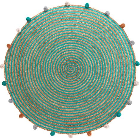 Tapis rond d'intérieur à pompoms "Baloo" - Bleu/Marron - D 90 cm - Livraison gratuite (1/4)