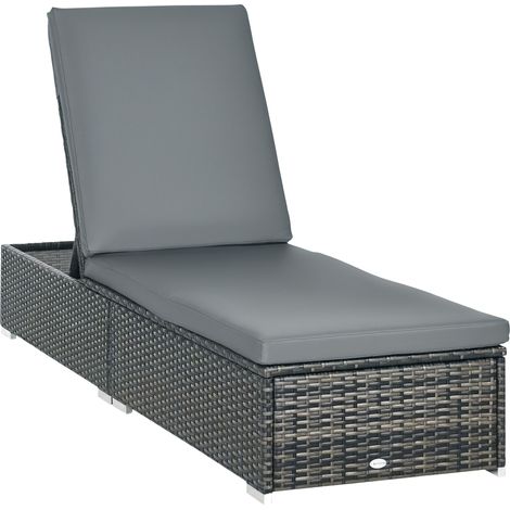 Outsunny PE Rattan Sun Lounger, Five-level Adjustable Recliner Bed Chair with Soft Padded Cushion for Patio, Garden, Mixed Grey